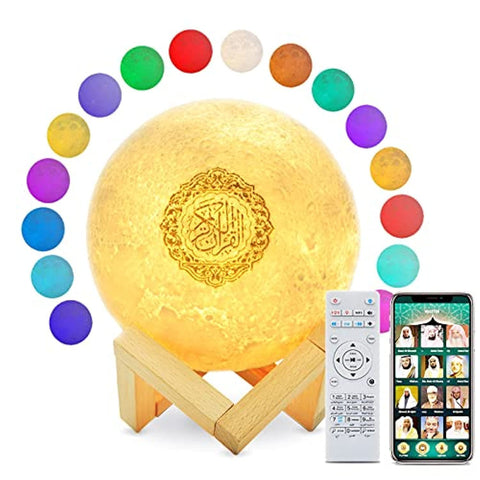 Portable Bluetooth Speaker, 4 in 1 Quran Speaker with 16 Colors 3D Print Moon Lamp Night Light, Quran Recitation and Song FM Broadcast