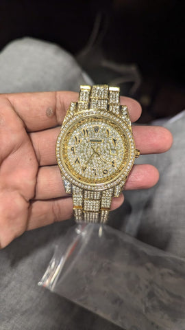 Luxury Rolex Watch with Full Diamond Detailing - Gold Strap, Arabic Numerals, Arabic Hip Hop Style, Custom Ice-Out Bling with Simulated Diamonds for Men