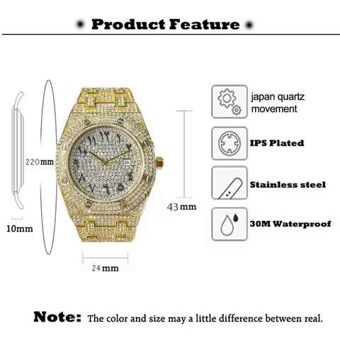 Luxury Rolex Watch with Full Diamond Detailing - Gold Strap, Arabic Numerals, Arabic Hip Hop Style, Custom Ice-Out Bling with Simulated Diamonds for Men