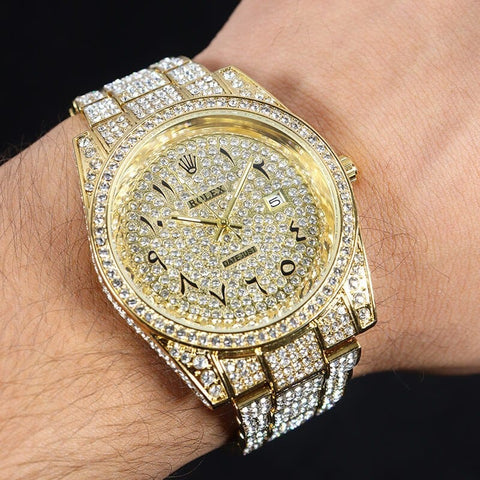 Luxury Rolex Watch with Full Diamond Detailing - Gold Strap, Arabic Numerals, Arabic Hip Hop Style, Custom Ice-Out Bling with Simulated Diamonds for Men