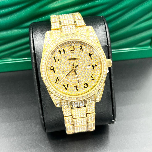 Luxury Rolex Watch with Full Diamond Detailing - Gold Strap, Arabic Numerals, Arabic Hip Hop Style, Custom Ice-Out Bling with Simulated Diamonds for Men